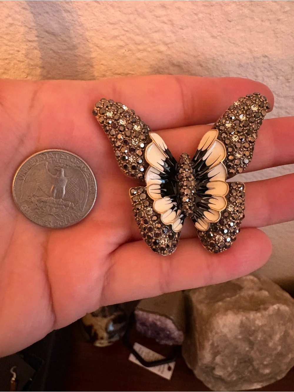 Crystal-Embellished Black and Cream Butterfly Ring